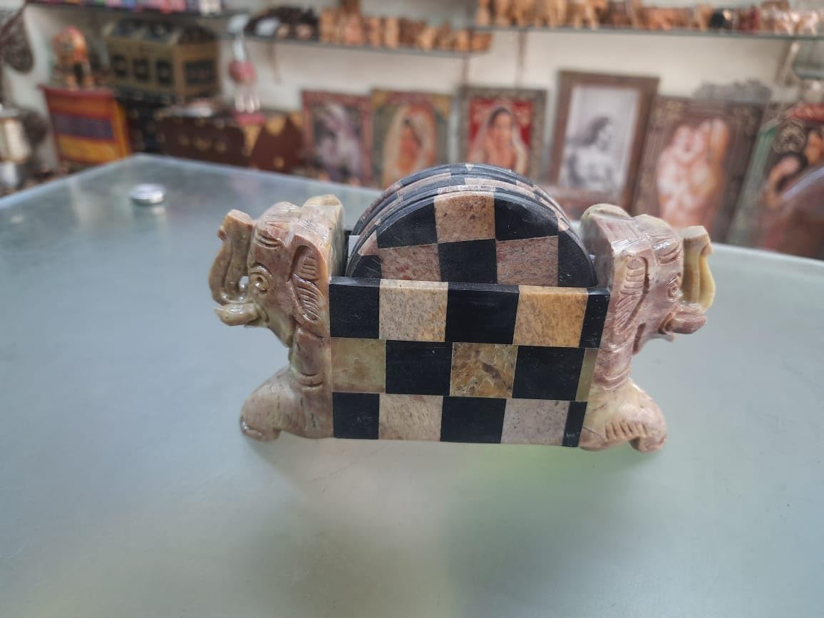 Finely Hand Check Design Crafted Marble Made 2 Sided Elephant Figure Coaster Set